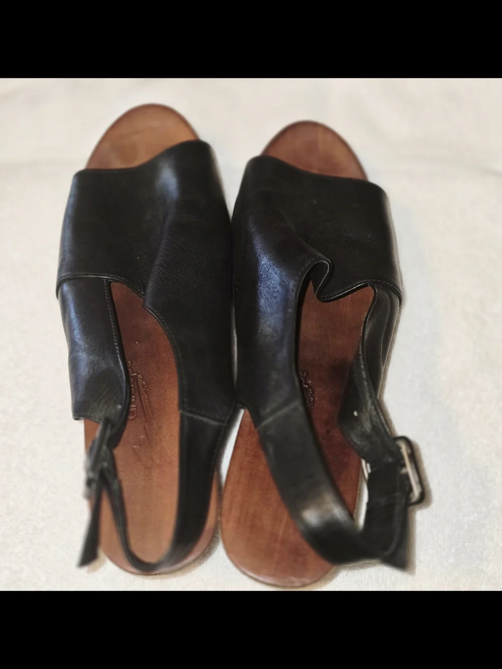 Antelope Black Leather Peep-Toe Slingback Wedge Sandals